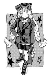 Rule 34 | 1girl, bag, bag charm, border, braid, charm (object), dithering, full body, greyscale, hand on own hip, highres, holding, holding bag, horizontal-striped socks, inushima (k z i t ), jacket, loafers, long hair, looking at viewer, monochrome, necktie, original, outside border, pleated skirt, shirt, shoes, skirt, socks, solo, standing, star (symbol), striped clothes, striped headwear, striped socks, twin braids