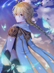 Rule 34 | 1boy, aether (genshin impact), ahoge, arm armor, armor, back, belt, black pants, blonde hair, blue butterfly, braid, brown belt, brown gloves, brown shirt, bug, butterfly, cape, closed mouth, cloud, cloudy sky, crystalfly (genshin impact), earrings, evening, falling star, from behind, genshin impact, gloves, gold trim, gradient sky, hair between eyes, hair ornament, hair ribbon, highres, insect, jewelry, long hair, looking at viewer, looking back, low-braided long hair, low-tied long hair, male focus, midriff, outdoors, pants, purple sky, ribbon, scarf, shirt, short sleeves, shoulder armor, single earring, sky, solo, standing, star (sky), user ukdw7725, white cape, white ribbon, white scarf, yellow eyes, yellow sky