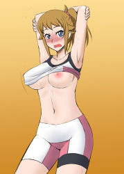 Rule 34 | 10s, 1girl, armpits, arms behind back, arms up, bike shorts, blue eyes, blush, breasts, brown hair, clothes lift, collarbone, covered erect nipples, embarrassed, gundam, gundam build fighters, gundam build fighters try, hoshino fumina, large breasts, nipples, ponytail, shirt lift, short hair, solo, sports bra, sports bra lift, two-tone sports bra, wavy mouth, zerosu (take out)