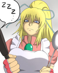Rule 34 | 1girl, angry, apron, blonde hair, blue eyes, fingerless gloves, from below, frying pan, gloves, gradient background, high ponytail, ladle, lilith aileron, outdoors, ponytail, ribbon, simple background, solo, spoken zzz, tales of (series), tales of destiny, zzz