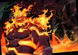 Rule 34 | 1boy, bara, beard, blue bodysuit, blue eyes, bodysuit, boku no hero academia, covered abs, endeavor (boku no hero academia), facial hair, fiery hair, fire, flee ad, from side, large pectorals, looking to the side, male focus, mature male, muscular, muscular male, pectorals, red hair, scar, scar across eye, scar on face, short hair, skin tight, solo, spiked hair, torn bodysuit, torn clothes, upper body