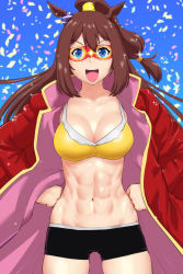 Rule 34 | 1girl, abs, animal ears, blue eyes, breasts, brown hair, commentary request, confetti, el condor pasa (umamusume), hands on own hips, high ponytail, highres, horse ears, horse girl, jacket, large breasts, long hair, looking at viewer, mask, navel, open mouth, ponytail, red jacket, smile, solo, standing, thigh gap, toned, ueyama michirou, umamusume