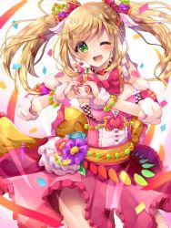 Rule 34 | 1girl, ;d, absurdres, arm warmers, beads, bow, breasts, dress, earrings, hair beads, hair ornament, heart, heart hands, highres, idolmaster, idolmaster cinderella girls, jewelry, light brown hair, looking at viewer, medium breasts, nail polish, one eye closed, open mouth, pink bow, pink dress, pink nails, rushin, sato shin, smile, solo, standing
