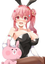 Rule 34 | 1girl, alternate costume, anemachi, bare shoulders, blush, breasts, commentary request, covered navel, cowboy shot, elbow gloves, gloves, hair between eyes, hair ornament, hololive, kosuke (bb), large breasts, leotard, lips, long hair, looking at viewer, open mouth, pantyhose, pink eyes, pink hair, playboy bunny, side ponytail, sidelocks, simple background, sitting, solo, star (symbol), star hair ornament, stuffed animal, stuffed rabbit, stuffed toy, tagme, teeth, virtual youtuber, white background, white gloves