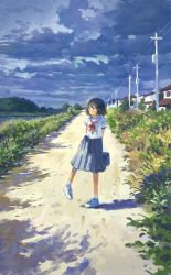 Rule 34 | 1girl, :|, arms behind back, bag, blue bag, blue skirt, blush, brown eyes, brown hair, bush, closed mouth, cloud, cloudy sky, dirt road, fjsmu, grass, highres, holding, holding bag, house, long skirt, looking afar, neckerchief, original, outdoors, painterly, power lines, red neckerchief, river, road, school uniform, shoes, short hair, skirt, sky, sneakers, socks, solo, sunlight, uniform, utility pole, white footwear, white socks, wide shot