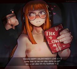 Rule 34 | 1girl, absurdres, blunt bangs, blush, breasts, brown eyes, collarbone, english text, female pubic hair, fluffydango, glasses, headphones, heart, highres, holding, long hair, mismatched pubic hair, nipples, orange hair, persona, persona 5, pubic hair, sakura futaba, sideways glance, small breasts, sweat, teeth, upper body