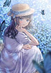 Rule 34 | 1girl, blue butterfly, blue eyes, blue flower, blurry, brown hair, bug, butterfly, depth of field, dress, earrings, flower, flower earrings, from behind, hat, hat ribbon, insect, jewelry, lace, lace-trimmed dress, lace trim, long hair, looking at viewer, looking back, nemophila (flower), original, parted lips, ribbon, ring, sakura (39ra), short sleeves, smile, solo, squatting, wavy hair, wedding ring, white dress