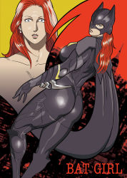 Rule 34 | ass, barbara gordon, batgirl, batman (series), bodysuit, boots, cape, character name, dc comics, dual persona, earrings, gauntlets, grey eyes, helmet, highres, jewelry, knee boots, mask, muscular, nappii (nappy happy), red hair, skin tight, thick thighs, thighs