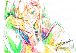 1girl artist_name blush cardigan closed_eyes closed_mouth colorful hands_up hatching_(texture) interlocked_fingers long_hair long_sleeves original own_hands_together procreate_(medium) sailor_collar school_uniform serafuku signature simple_background upper_body watanabe_tomari watermark white_background