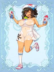 Rule 34 | 1girl, between breasts, breasts, brown eyes, covered erect nipples, covered navel, cup, drinking glass, food, holding, holding cup, huge breasts, kerberos blade, kneehighs, leg up, looking at viewer, no bra, no panties, non-web source, official art, one eye closed, open mouth, ryoji (nomura ryouji), see-through, shaved ice, shoes, sneakers, socks, solo, sweat, teeth, upper teeth only, white socks