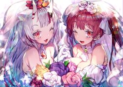 Rule 34 | 2girls, bare shoulders, blunt bangs, blush, bouquet, breasts, bridal veil, choker, cleavage, commentary, dress, english commentary, fang, flower, hololive, horns, houshou marine, large breasts, long hair, medium breasts, multiple girls, nakiri ayame, one eye closed, oni, open mouth, pink flower, pink rose, purple flower, purple rose, red eyes, red hair, redcomet, rose, skin-covered horns, skin fang, sparkle, twintails, upper body, veil, virtual youtuber, wedding dress, white choker, white flower, white hair, white rose