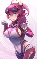Rule 34 | 1girl, ahoge, blush, bodysuit, breasts, claw pose, cleavage, cowboy shot, enumiyaa, eyewear on head, gloves, green eyes, grey background, hands up, headgear, highres, hololive, large breasts, long hair, looking at viewer, one side up, paw pose, pink eyes, pink hair, sakura miko, science fiction, shide, sideboob, skin tight, smile, solo, sunglasses, thighs, virtual youtuber, white gloves