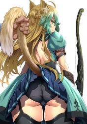 Rule 34 | 1girl, ahoge, animal ears, ass, atalanta (fate), back, black panties, blonde hair, bow (weapon), breasts, cat ears, cat tail, closed mouth, dress, fate/apocrypha, fate/grand order, fate (series), green dress, green eyes, green hair, highres, long hair, looking at viewer, looking back, multicolored hair, panties, pantyshot, sekai saisoku no panda, simple background, tail, thighs, two-tone hair, underwear, weapon, white background