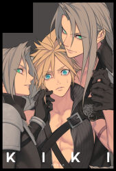 Rule 34 | 3boys, arm ribbon, armor, black gloves, black jacket, blonde hair, blue eyes, chest strap, cloud strife, final fantasy, final fantasy vii, final fantasy vii advent children, final fantasy vii ever crisis, gloves, green eyes, grey hair, hair between eyes, hand in another&#039;s hair, holding hands, jacket, kiki lala, long bangs, long hair, looking at viewer, male focus, multiple boys, parted bangs, parted lips, pink ribbon, ribbon, sephiroth, short hair, shoulder armor, spiked hair, sweatdrop, time paradox, upper body, wide-eyed, wolf, yaoi