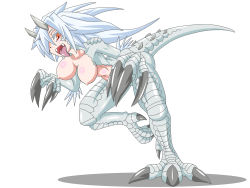 Rule 34 | 1girl, blush, breasts, buti-yu, claws, dinosaur girl, fangs, hair over one eye, highres, indominus rex, jurassic park, jurassic world, large breasts, looking at viewer, monster girl, nipples, open mouth, orange eyes, personification, shiny skin, tail, tongue, tongue out, white hair