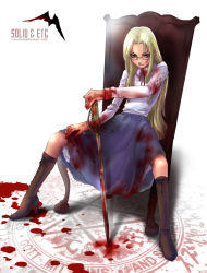 Rule 34 | 1girl, blonde hair, blood, blood on face, blood stain, boots, glasses, hellsing, high heels, integra hellsing, shoes, sitting, solid&amp;etc, solo, spread legs, sword, weapon