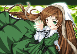 Rule 34 | 00s, 1girl, :d, arm garter, blush, brown hair, dress, frills, green background, green dress, green eyes, head scarf, heterochromia, long hair, long sleeves, looking at viewer, open mouth, parted lips, rozen maiden, simple background, smile, solo, straightchromia, suiseiseki, very long hair