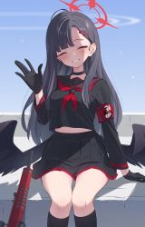 Rule 34 | 1girl, armband, black gloves, black shirt, black skirt, black socks, black wings, blue archive, blue sky, blush, choker, closed eyes, commentary request, feet out of frame, gloves, grey hair, grin, hair ornament, hairpin, halo, hand up, highres, ichika (blue archive), kanpa (campagne 9), kneehighs, long hair, long sleeves, looking at viewer, low wings, neckerchief, outdoors, red halo, red neckerchief, safety pin, sailor collar, shirt, sitting, skirt, sky, smile, socks, solo, waving, wings