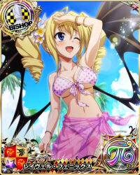Rule 34 | 1girl, bikini, bishop (chess), blonde hair, blue eyes, breasts, card (medium), chess piece, cleavage, high school dxd, large breasts, official art, ravel phenex, sarong, solo, swimsuit, underboob