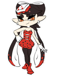 Rule 34 | + +, 1girl, alternate color, ankle boots, bare shoulders, black hair, boots, callie (splatoon), closed mouth, coula cat, crossed legs, detached collar, earrings, flat color, food, food on head, full body, gloves, hair rings, hand on own hip, inkling, jewelry, jumpsuit, long hair, looking at viewer, mole, mole under eye, multicolored hair, nintendo, object on head, orange eyes, pantyhose, pointy ears, polka dot, red footwear, red hair, red jumpsuit, short jumpsuit, simple background, smile, solo, splatoon (series), splatoon 1, strapless, suction cups, symbol-shaped pupils, tentacle hair, two-tone hair, very long hair, watson cross, white background, white gloves