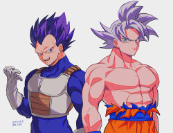 Rule 34 | 2boys, abs, armor, closed mouth, commentary request, dated, dougi, dragon ball, dragon ball super, ear ornament, gloves, grey hair, hand up, looking at viewer, male focus, multiple boys, muscular, muscular male, no eyebrows, no nipples, open mouth, pectorals, purple eyes, purple hair, saiyan armor, serious, simple background, smile, son goku, spiked hair, teeth, topless male, torn clothes, twitter username, ultra ego (dragon ball), ultra instinct, vegeta, white background, white gloves, zero-go