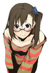 Rule 34 | 1girl, bare shoulders, bent over, blue eyes, blush, brown hair, collarbone, female focus, glasses, hair ornament, hairclip, long hair, minakuchi takashi, original, side ponytail, simple background, smile, solo, strap, striped, white background