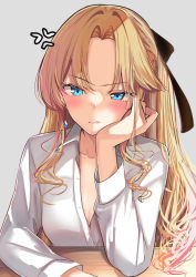 Rule 34 | 1girl, azur lane, blonde hair, blue eyes, blush, collarbone, desk, earrings, hair intakes, hair ribbon, hand on own chin, hand on table, head rest, jewelry, long hair, looking at viewer, open mouth, parted lips, partially unbuttoned, ribbon, schreibe shura, shirt, simple background, solo, table, upper body, vanguard (azur lane), white shirt
