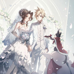 Rule 34 | 1boy, 1girl, 1other, aerith gainsborough, bangle, bare shoulders, blonde hair, blue eyes, blush, bouquet, bracelet, breasts, bridal veil, brown hair, cait sith (ff7), cape, church, closed eyes, closed mouth, cloud strife, collared shirt, corsage, cross tie, crown, detached sleeves, dress, falling petals, fang, fang out, feet out of frame, final fantasy, final fantasy vii, flower, formal, fur-trimmed cape, fur trim, gloves, green eyes, hair between eyes, hair bun, hair flower, hair ornament, hand in pocket, highres, holding, holding bouquet, holding hands, husband and wife, jacket, jewelry, kieta, lace sleeves, light smile, long dress, long hair, long sleeves, looking at another, medium breasts, mini crown, moogle, nail polish, necktie, pants, pantyhose, parted bangs, pendant choker, petals, pink necktie, pink ribbon, red cape, ribbon, ring, ring box, rose, shirt, short hair, sidelocks, smile, spiked hair, strapless, strapless dress, suit, suit jacket, tuxedo, two-tone fur, veil, waistcoat, wavy hair, wedding dress, wedding ring, white dress, white flower, white gloves, white jacket, white pants, white pantyhose, white rose, white shirt, white suit