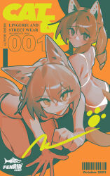 Rule 34 | 2girls, absurdres, animal ears, barcode, bent over, bikini, cat ears, cat girl, cat tail, drill hair, english text, full body, ghost (tama), highres, looking at viewer, multiple girls, orange background, original, paw print, swimsuit, tail, tongue, tongue out, wolf ears, wolf girl, wolf tail