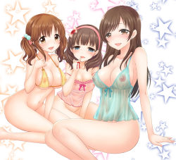 Rule 34 | 3girls, arm support, barefoot, between legs, blue camisole, blue eyes, blush, bottomless, bra, breasts, brown eyes, brown hair, camisole, cleavage, collarbone, earrings, finger ribbon, finger to mouth, hair ornament, hair ribbon, hairband, idolmaster, idolmaster cinderella girls, jewelry, large breasts, long hair, looking at viewer, multiple girls, navel, nipples, nitta minami, open mouth, ozaki mirai, pink camisole, pom pom (clothes), pom pom hair ornament, ribbon, sakuma mayu, see-through, sitting, smile, star (symbol), starry background, strap slip, totoki airi, twintails, underwear, white background, yellow bra