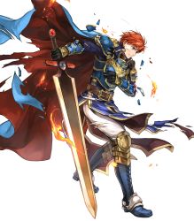 Rule 34 | 1boy, arm guards, armor, armored boots, belt, black gloves, blue armor, blue eyes, boots, broken armor, cape, closed mouth, eliwood (fire emblem), fire, fire emblem, fire emblem: the blazing blade, fire emblem heroes, full body, gloves, highres, holding, holding sword, holding weapon, jewelry, long sleeves, male focus, nintendo, official art, pants, red hair, scar, short hair, shoulder armor, solo, sword, tiara, torn cape, torn clothes, transparent background, wada sachiko, weapon, white pants