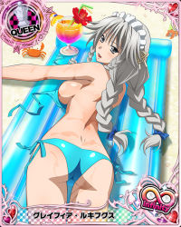 Rule 34 | 10s, 1girl, ass, bikini, blue bikini, blue bow, bow, braid, breasts, card (medium), character name, chess piece, female focus, grayfia lucifuge, grey eyes, grey hair, hair bow, high school dxd, high school dxd infinity, large breasts, long hair, looking at viewer, lying, maid headdress, matching hair/eyes, non-web source, official art, on stomach, queen (chess), side-tie bikini bottom, sideboob, solo, swimsuit, trading card, twin braids, untied bikini