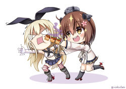 Rule 34 | 2girls, anchor symbol, binoculars, black hairband, black neckerchief, black panties, black sailor collar, blonde hair, blue sailor collar, blue skirt, brown eyes, brown hair, cherry blossoms, chibi, commentary, commentary request, crop top, dress, elbow gloves, english commentary, flower, food, full body, gloves, grey eyes, grey neckerchief, hair flower, hair ornament, hairband, headset, kantai collection, kebab, long hair, microskirt, miniskirt, mixed-language commentary, multiple girls, neckerchief, open mouth, panties, pleated skirt, roshi chen, round teeth, sailor collar, sailor dress, shimakaze (kancolle), short hair, simple background, skirt, socks, speaking tube headset, stinky tofu, striped clothes, striped legwear, striped thighhighs, teeth, thighhighs, tofu, underwear, upper teeth only, white background, white gloves, yukikaze (kancolle)