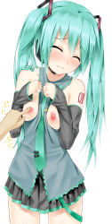 Rule 34 | 1girl, aqua eyes, aqua hair, bare shoulders, between breasts, blush, breast poke, breasts, breasts out, breasts squeezed together, closed eyes, clothes between breasts, detached sleeves, hatsune miku, headset, highres, long hair, necktie, nipples, peragura, pleated skirt, poking, simple background, skirt, small breasts, solo, tattoo, twintails, vocaloid, white background, wince