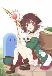 Rule 34 | 1girl, ankle boots, aqua flower, atelier (series), atelier sophie, atelier sophie 2, barrel, black ribbon, book, boots, braid, brown eyes, brown footwear, brown hair, coat, detached collar, flower, frilled ribbon, frills, green coat, hair ribbon, highres, holding, holding staff, leaf, long sleeves, looking at viewer, open clothes, open coat, open mouth, panties, pantyshot, plachta, red flower, ribbon, ribbon trim, round teeth, sitting, solo, sophie neuenmuller, staff, teeth, underwear, upper teeth only, virno, white panties