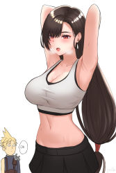Rule 34 | 1boy, 1girl, 1nilla&#039;, absurdres, armpits, arms behind head, arms up, blonde hair, blush, breasts, brown hair, cleavage, cloud strife, crop top, earrings, english text, final fantasy, final fantasy vii, final fantasy vii remake, half-closed eyes, heavy breathing, highres, jewelry, large breasts, long hair, low-tied long hair, meme, midriff, navel, one-punch man, open mouth, parody, pleated skirt, red eyes, skirt, speech bubble, spiked hair, sweat, text focus, tifa lockhart, undershirt