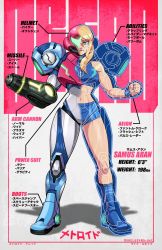 Rule 34 | 1girl, abs, arm cannon, biceps, blonde hair, blue eyes, blue footwear, blue shorts, boots, character profile, clenched hand, crop top, derivative work, english text, full body, height, helmet, highres, looking at viewer, measurements, metroid, metroid dread, mike luckas, nintendo, revision, samus aran, short shorts, shorts, solo, standing, toned, translation request, weapon, weight, x-ray