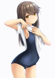 Rule 34 | 1girl, armpits, blue one-piece swimsuit, blush, brown eyes, brown hair, closed mouth, clothes lift, commentary request, head tilt, highres, lifting own clothes, long hair, looking at viewer, looking to the side, nose blush, old school swimsuit, one-piece swimsuit, original, school swimsuit, shibacha, shirt, shirt lift, short sleeves, simple background, smile, solo, standing, swimsuit, thighs, white background, white shirt