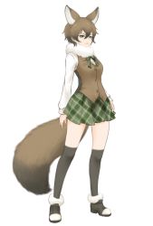 Rule 34 | 10s, 1girl, animal ears, black hair, bow, bowtie, brown hair, coyote (kemono friends), coyote (kemono friends) (old design), full body, fur trim, green eyes, ise (0425), kemono friends, multicolored hair, pleated skirt, scarf, simple background, skirt, solo, standing, tail, thighhighs, two-tone hair, white background, wolf ears, wolf tail