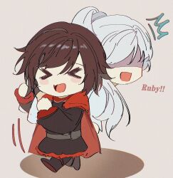 Rule 34 | &gt; &lt;, 2girls, akane031, black dress, blush, brown hair, cape, carrying over shoulder, chibi, dress, english text, long hair, multiple girls, open mouth, ponytail, red cape, ruby rose, rwby, shaded face, short hair, weiss schnee, white hair