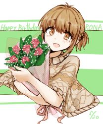 Rule 34 | 1girl, :d, bad id, bad pixiv id, blush, bouquet, braid, brown eyes, brown hair, character name, flower, happy birthday, nomaru, open mouth, ponytail, simple background, smile, solo, tears, tokyo 7th sisters, tsunomori rona, upper body