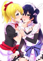 Rule 34 | 2girls, apron, arm grab, ayase eli, blonde hair, blue eyes, blue hair, blush, candy, chocolate, chocolate heart, detached sleeves, earrings, food, food in mouth, hair bun, hair ribbon, hand on another&#039;s chin, heart, highres, holding, holding chocolate, holding food, jewelry, long hair, looking at another, love live!, love live! school idol project, maid, maid apron, maid headdress, mogyutto &quot;love&quot; de sekkin chuu!, multiple girls, nanatsu no umi, open mouth, ponytail, ribbon, simple background, single hair bun, smile, sonoda umi, swept bangs, white background, yellow eyes, yuri