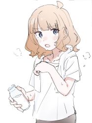 Rule 34 | 1girl, ahoge, blue eyes, book, bottle, brown hair, collarbone, commentary request, highres, holding, holding book, idolmaster, idolmaster million live!, light blush, looking at viewer, medium hair, meeeeeeco359, milk bottle, open mouth, shirt, short sleeves, sidelocks, solo, steam, suou momoko, sweat, towel, towel around neck, wavy hair, white background, white shirt
