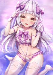 Rule 34 | 1girl, :d, bikini, blush, bow, fang, frilled bikini, frills, highres, hololive, long hair, looking at viewer, murasaki shion, navel, no shoes, open mouth, pink bow, sitting, smile, solo, stomach, swimsuit, thighhighs, veil, very long hair, virtual youtuber, wariza, white hair, white thighhighs, wrist cuffs, yellow eyes, yuano