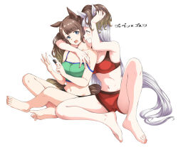 Rule 34 | 2girls, animal ears, breasts, brown eyes, brown tail, cleavage, feet, gold ship (umamusume), green sports bra, grey hair, grey tail, grin, hamao, highres, horse ears, horse tail, large breasts, looking at another, midriff, multiple girls, navel, open mouth, playing with another&#039;s hair, purple eyes, red shorts, red sports bra, shorts, simple background, sitting, smile, sports bra, tail, tosen jordan (umamusume), translation request, twintails, umamusume, white background