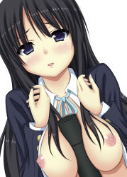 Rule 34 | 1girl, akiyama mio, between breasts, black hair, blue eyes, blush, breasts, diploma, female focus, k-on!, large breasts, long hair, nipples, open clothes, open mouth, school uniform, sexually suggestive, shake (ferit3), simple background, solo, white background