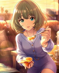 Rule 34 | 1girl, artist request, belt, bottle, bracelet, brown hair, collarbone, couch, dress, eyelashes, feeding, fingernails, food, fringe trim, glass, green eyes, heterochromia, holding, holding spoon, idolmaster, idolmaster cinderella girls, indoors, jewelry, looking at viewer, mole, mole under eye, necklace, official art, open mouth, plant, short hair, smile, solo, spoon, sunset, table, takagaki kaede, water bottle