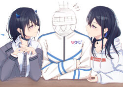 Rule 34 | 1boy, 2girls, absurdres, black choker, black collar, black hair, blazer, blue hair, blue horns, blue nails, blue tail, choker, clothes writing, collar, collared shirt, copyright name, crossed arms, demon girl, demon horns, dress shirt, dual persona, ear piercing, elbow rest, eye contact, flying sweatdrops, girl sandwich, gradient horns, grey jacket, grey necktie, hair between eyes, highres, hood, hoodie, horns, houndstooth, ichinose uruha, ichinose uruha (2nd costume), ichinose uruha (6th costume), jacket, kiiro (cocoa080), light smile, long hair, long sleeves, looking at another, lupinus virtual games, multicolored hair, multicolored horns, multiple girls, necktie, own hands together, piercing, print necktie, purple eyes, rivalry, sandwiched, school uniform, shirt, short hair, streaked hair, the weaker sex 1 (gibson), track jacket, virtual youtuber, vspo!, white background, white hoodie, white shirt, wing collar