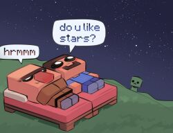 1other 2boys absurdres bed blue_pants blue_shirt brown_shirt chibi colored_skin creeper do_you_like_stars?_ya_they&#039;re_cool_(meme) green_skin highres looking_up lucky_toffee lying meme minecraft multiple_boys night night_sky on_back pants shirt sky speech_bubble star_(sky) starry_sky steve_(minecraft) villager_(minecraft)