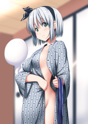 Rule 34 | 1girl, black hairband, blurry, blurry background, breasts, collarbone, commentary request, cowboy shot, frown, green eyes, groin, hair between eyes, hairband, highres, hitodama, indoors, konpaku youmu, konpaku youmu (ghost), long sleeves, looking at viewer, no bra, no panties, nori tamago, open clothes, open robe, robe, sash, short hair, silver hair, small breasts, solo, sweat, touhou, wide sleeves